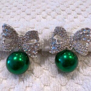 Silver Crystal Bow Earrings With Green Accent